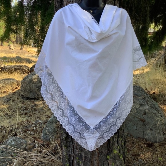 Large White Shawl with Lace Orthodox Wedding Headscarf TriangleScarf Solid White - Picture 3 of 11
